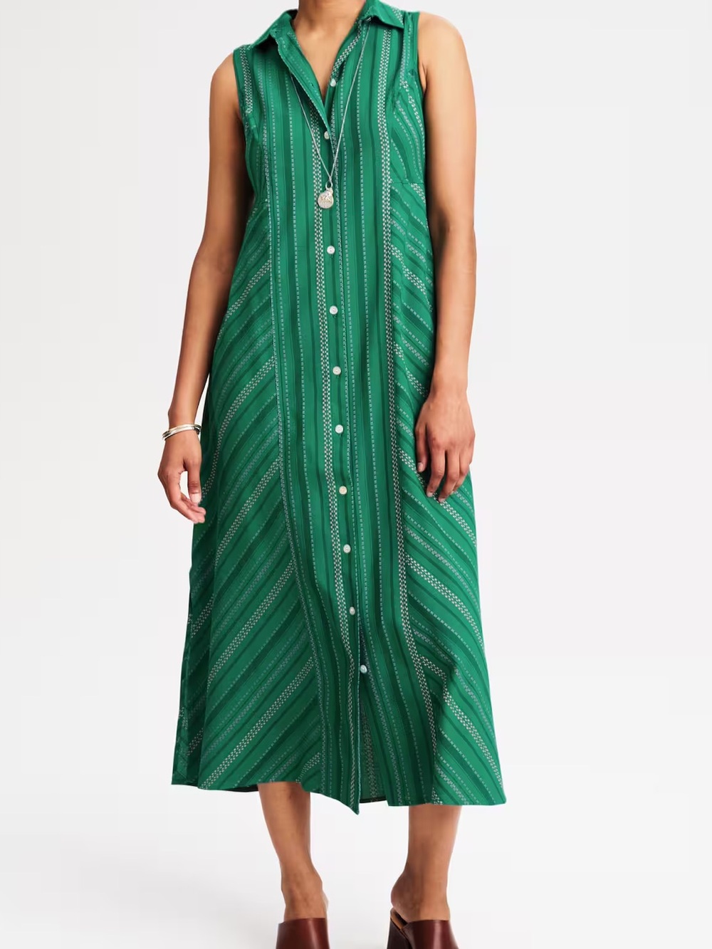 J.Jill Button Down Dress Dobby Sleeveless Lagenlook Midi Green Cheveron Stripe M